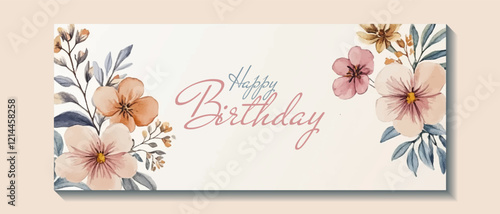 Happy Birthday horizontal card vector design with summer flowers in the corners