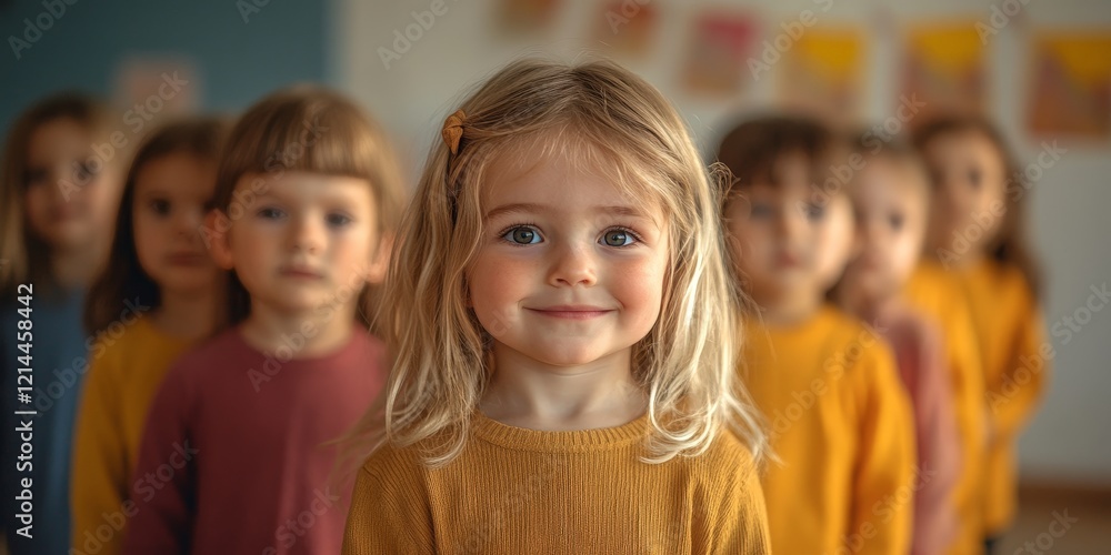 A cheerful group of children standing in line at a daycare, symbolizing childhood, education, and social interaction. Perfect for parenting, education, and lifestyle themes. A cheerful group of children standing in line at a daycare, symbolizing childhood, education, and social interaction. Perfect for parenting, education, and lifestyle themes.