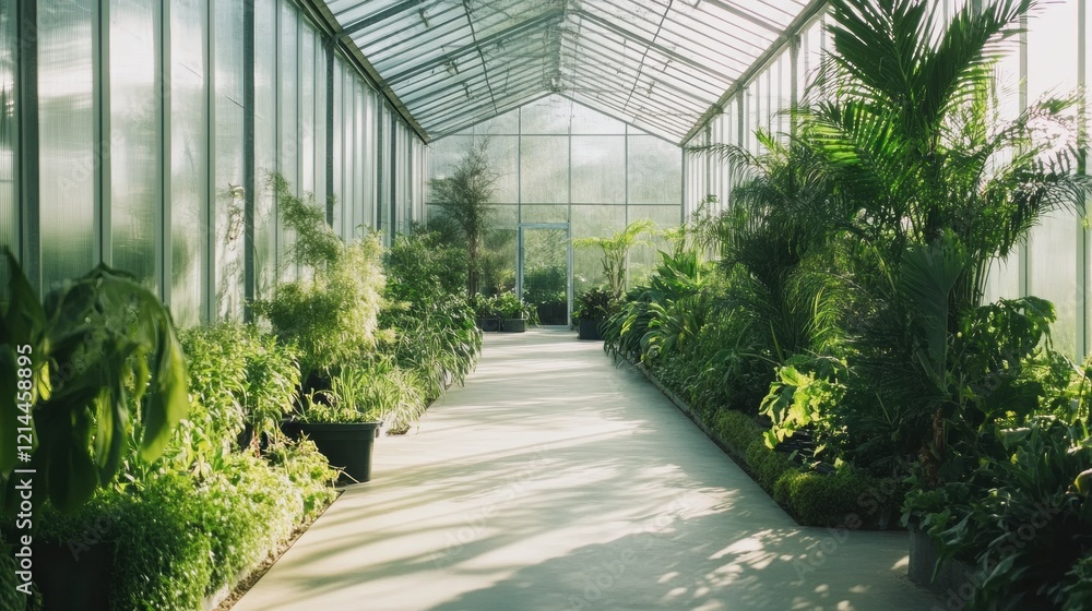 A modern greenhouse filled with vibrant rows of vegetables and automated irrigation systems A modern greenhouse filled with vibrant rows of vegetables and automated irrigation systems