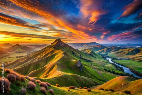 Majestic Te Mata Peak Sunrise, Hawke's Bay, New Zealand - Panoramic Landscape Portrait Photography photo