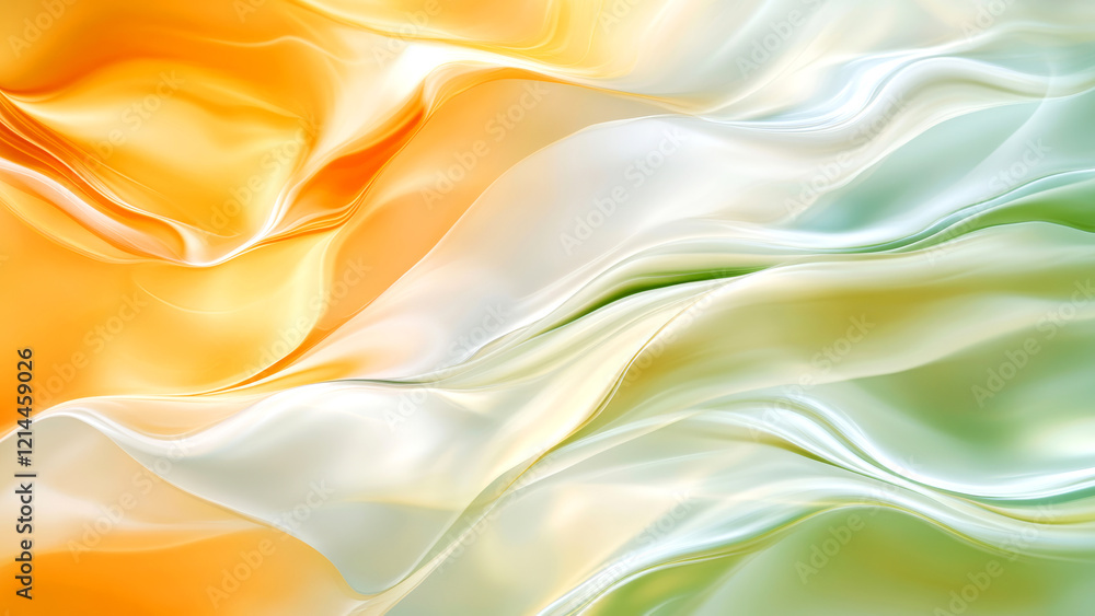 Obraz premium Smooth elegant satin fabric flowing creating wavy shapes with orange, green and white gradient colors