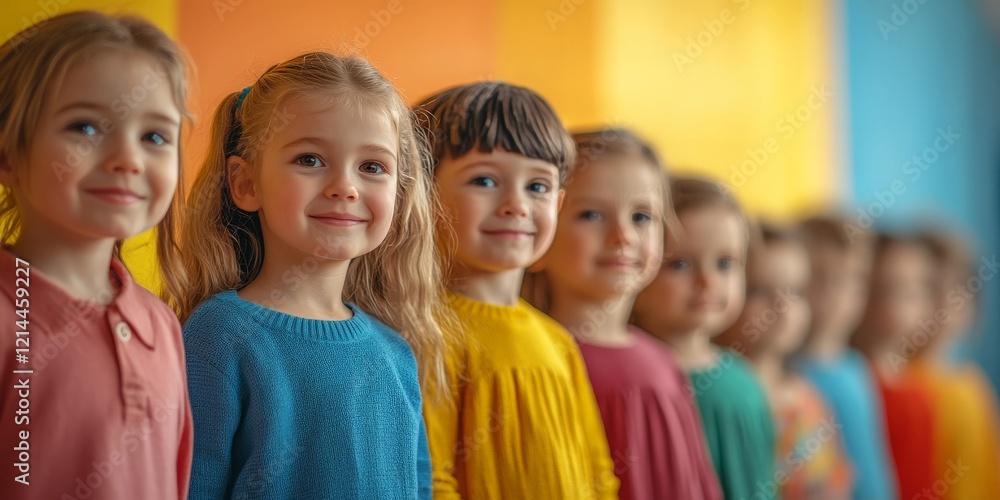 Obraz premium A cheerful group of children standing in line at a daycare, symbolizing childhood, education, and social interaction. Perfect for parenting, education, and lifestyle themes.