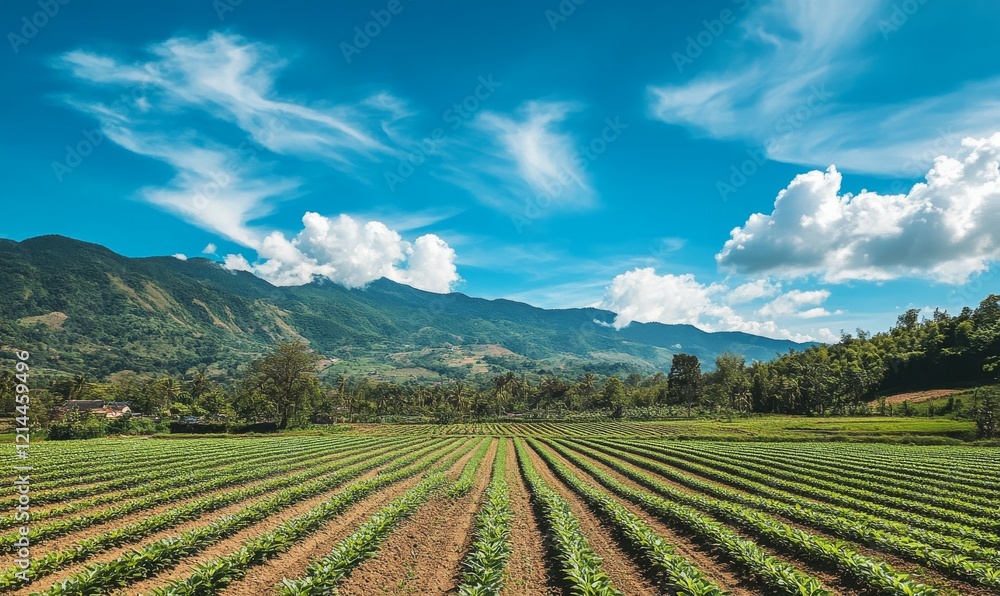 Cropped landscape with neat rows of young plants under a blue sky in rural countryside Cropped landscape with neat rows of young plants under a blue sky in rural countryside