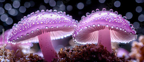 Enchanting purple mushrooms with dewdrops nature macro photography woodland close-up natural beauty