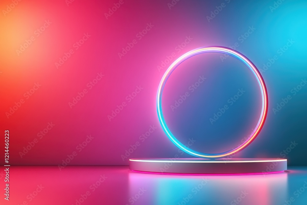 Neon Circle and Platform: Vibrant Pink and Blue Gradient Background. Neon Circle and Platform: Vibrant Pink and Blue Gradient Background.