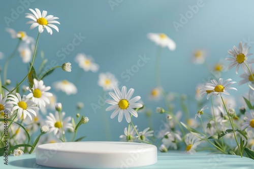 White Platform Surrounded by Fresh Daisies on Light Blue Background