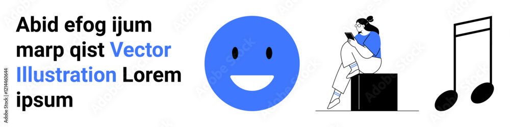 Text in black, a large blue happy face, person sitting on a box using a phone, musical note. Ideal for digital art, social media posts, presentation themes, design inspiration, mood representation Text in black, a large blue happy face, person sitting on a box using a phone, musical note. Ideal for digital art, social media posts, presentation themes, design inspiration, mood representation