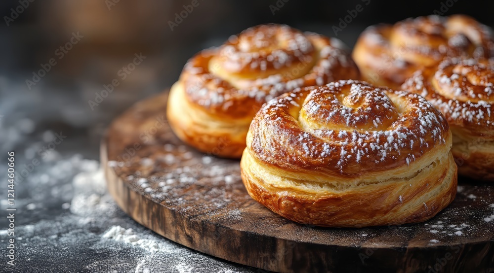 Delicious Pastry Swirls with Powdered Sugar on Rustic Wooden Board Delicious Pastry Swirls with Powdered Sugar on Rustic Wooden Board