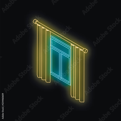 Isometric view of glowing neon window with curtains, creating a modern and stylish atmosphere