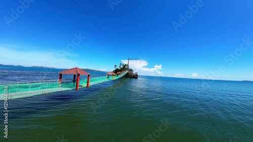 Discover Bacuag Adventure Beach in Surigao Del Norte, Mindanao from above. This aerial tour highlights the hanging bridge to the island, zip lines, zip bikes, and stunning coral reefs in a sunlit trop