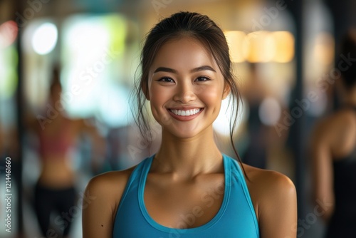 A joyful Japanese girl in sportswear stands at a bustling outdoor event, her bright smile perfect for promoting health, fitness, and active lifestyles. Free Download A joyful Japanese girl in sportswear stands at a bustling outdoor event, her bright smile perfect for promoting health, fitness, and active lifestyles. - GFXLoad
