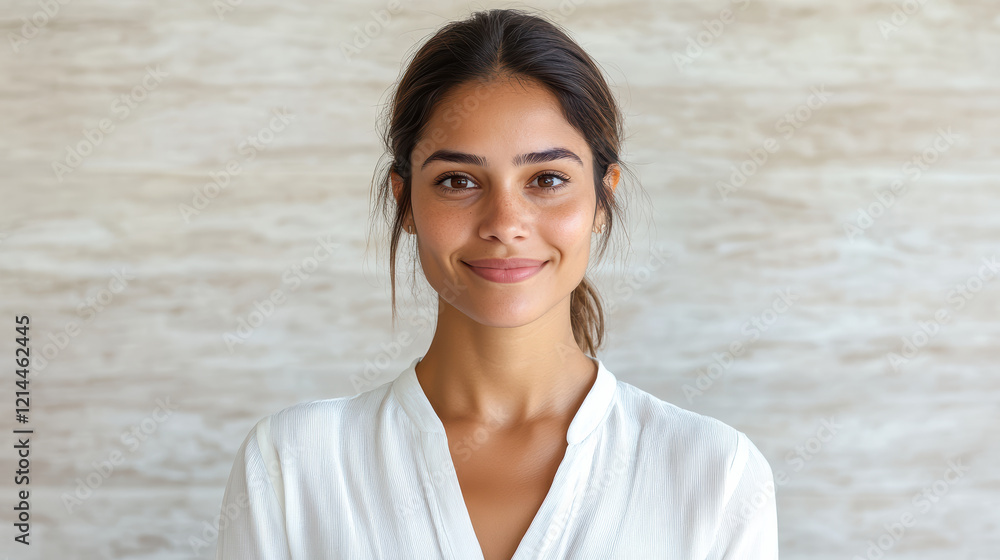 smiling woman with long hair, wearing white blouse, against neutral background smiling woman with long hair, wearing white blouse, against neutral background