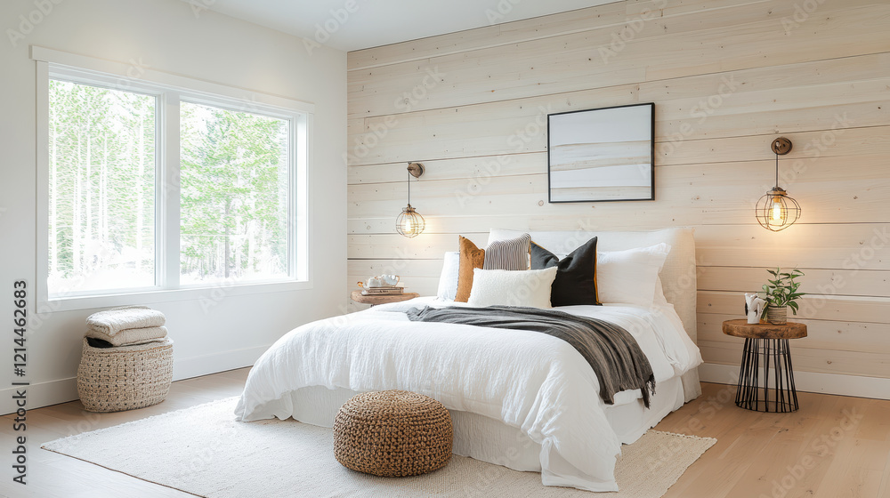 Fototapeta premium Modern farmhouse bedroom with blend of old and new design elements