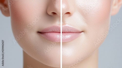 Before & After Skin Treatment Close-up of woman's face showing improved skin texture photo