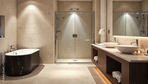 Luxurious bathroom featuring a chic black and white marble bathtub on the left, complemented by a sleek glass shower door center stage. Elegant flooring enhances the refined ambiance.   photo