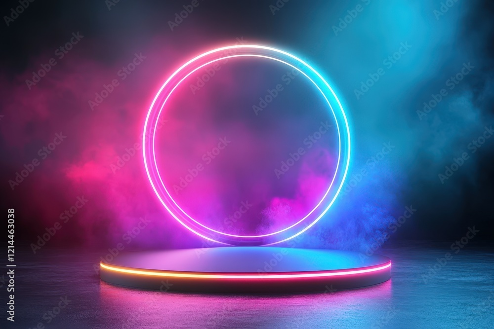 Neon Circle and Platform: Futuristic Cyberpunk Background. Neon Circle and Platform: Futuristic Cyberpunk Background.