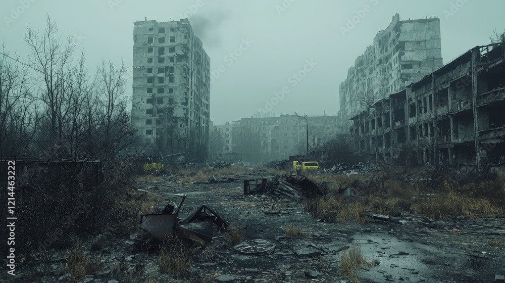Desolate Urban Landscape in Foggy Ruins Desolate Urban Landscape in Foggy Ruins