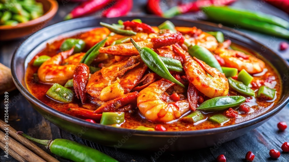 Malaysian Sambal Petai: Spicy Prawns & Stink Beans in Rich Red Sauce - Bokeh Background Malaysian Sambal Petai: Spicy Prawns & Stink Beans in Rich Red Sauce - Bokeh Background