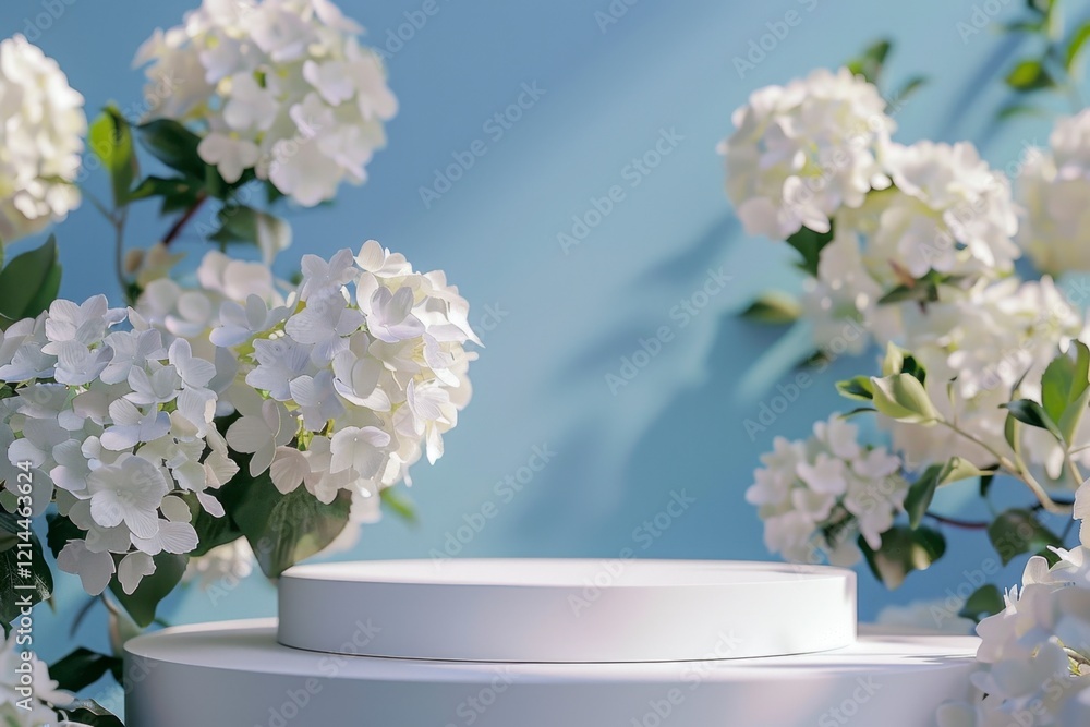 Elegant White Flowers Displayed on Minimalist Pedestal with Blue Background Elegant White Flowers Displayed on Minimalist Pedestal with Blue Background