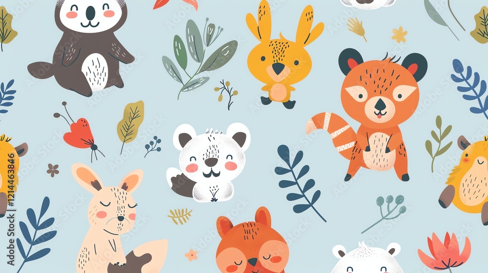 A cute, colorful pattern of woodland animals and leaves on a light blue background. A cute, colorful pattern of woodland animals and leaves on a light blue background.