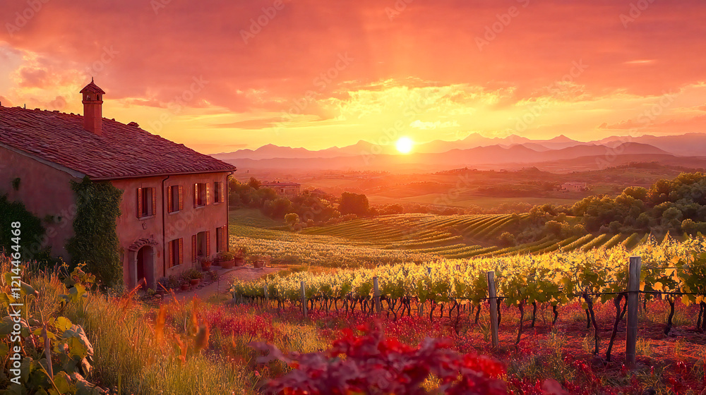 Tuscan vineyard at sunset illuminating rolling hills and farmhouse Tuscan vineyard at sunset illuminating rolling hills and farmhouse