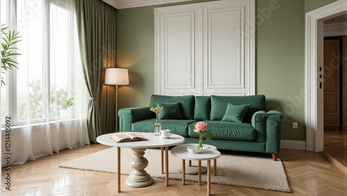 A luxurious green velvet sofa rests on a light brown herringbone wood floor, framed by matching green walls and accented with a crisp white rug, creating an elegant indoor setting photo