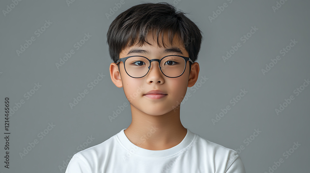 portrait of teenager with glasses, showcasing calm expression and stylish appearance. background is neutral, emphasizing subject features and attire portrait of teenager with glasses, showcasing calm expression and stylish appearance. background is neutral, emphasizing subject features and attire