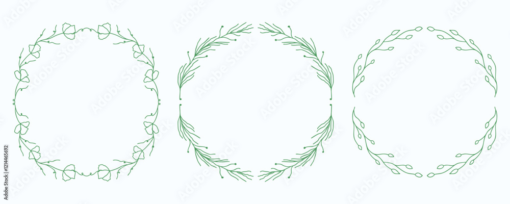 Round hand-drawn floral frames with subtle branches and leaves. Delicate vector frames for wedding invitations, nature-inspired designs, greeting cards, scrapbooking, etc. Round hand-drawn floral frames with subtle branches and leaves. Delicate vector frames for wedding invitations, nature-inspired designs, greeting cards, scrapbooking, etc.