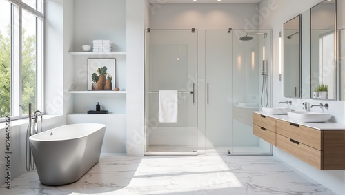 Wallpaper Mural Luxurious white bathtub graces a pristine white marble floor, with elegant shelves and soft natural light from an adjacent window enhancing the serene ambiance Torontodigital.ca