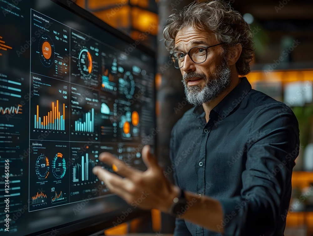 Confident Executive Presenting Captivating Product Analytics in Sleek Corporate Setting Confident Executive Presenting Captivating Product Analytics in Sleek Corporate Setting