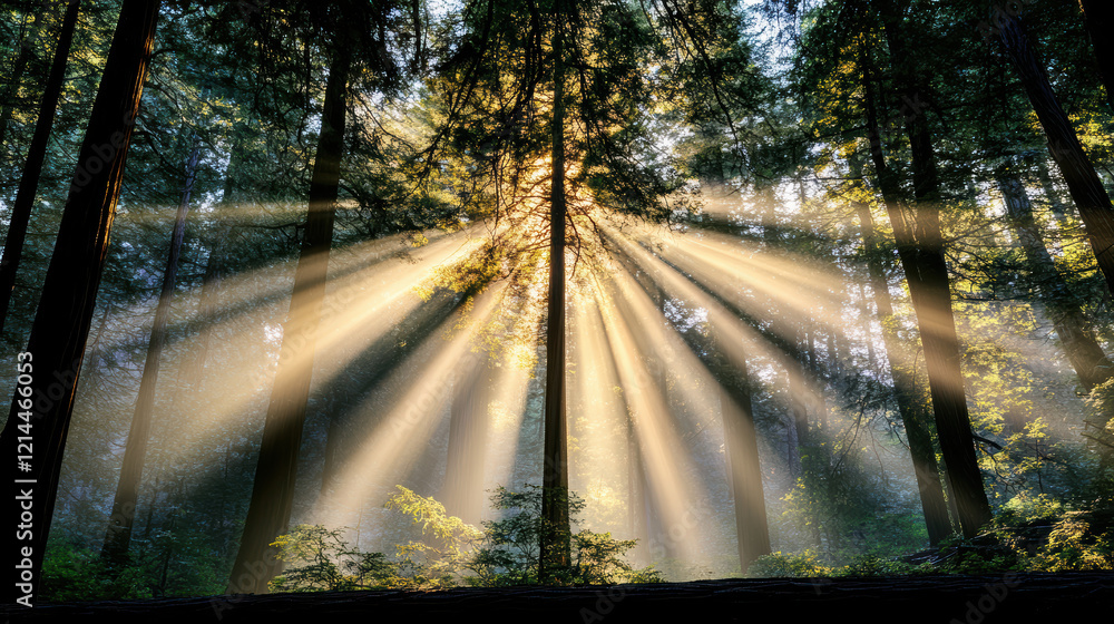 Obraz premium Sunlight filtering through ancient Sequoia trees creates serene atmosphere