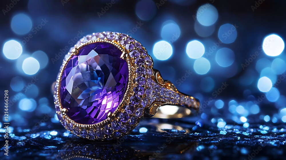 Fototapeta premium Bold cocktail ring with a large amethyst stone on blue lights background