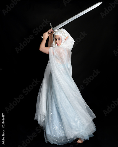 Photos full length portrait beautiful blonde fantasy maiden faery wearing medieval fairytale ballgown costume, flowing white hooded cape