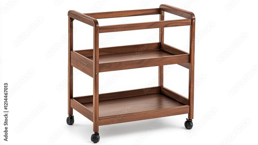 Furniture. Wooden rolling cart with three shelves, ideal for storage and organization. Furniture. Wooden rolling cart with three shelves, ideal for storage and organization.