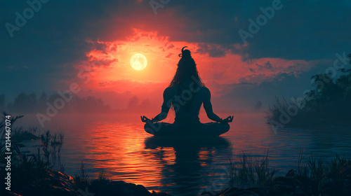 Fototapeta Naklejka Na Ścianę i Meble -  Silhouette of Lord Shiva in meditation against at night