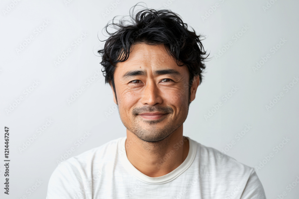 Obraz premium A middle aged Asian man, dressed in work attire, poses against a plain backdrop, reflecting both professionalism and a friendly, everyday style.