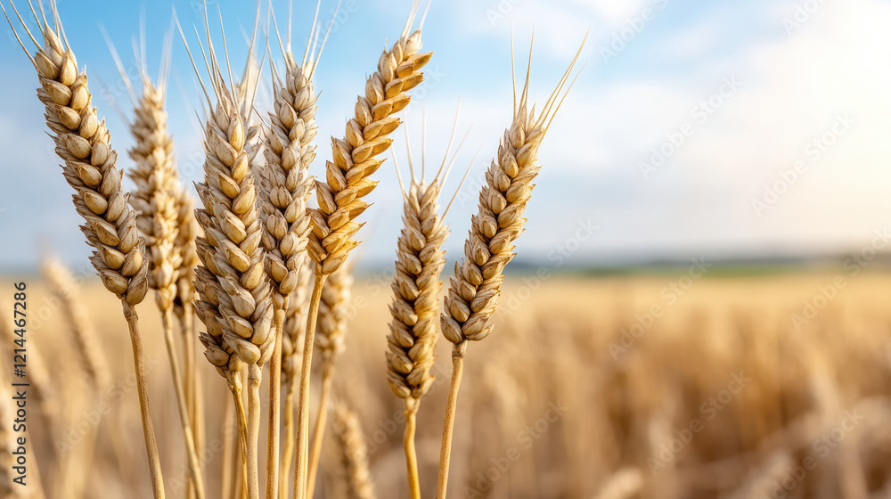 Golden wheat stalks sway gently in sunny field, symbolizing harvest Golden wheat stalks sway gently in sunny field, symbolizing harvest