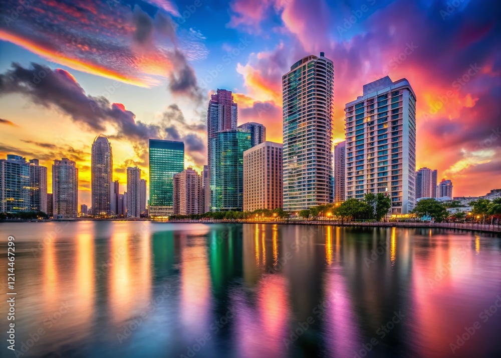 Obraz premium Miami Brickell Key Sunset Panoramic Skyline - Long Exposure Photography