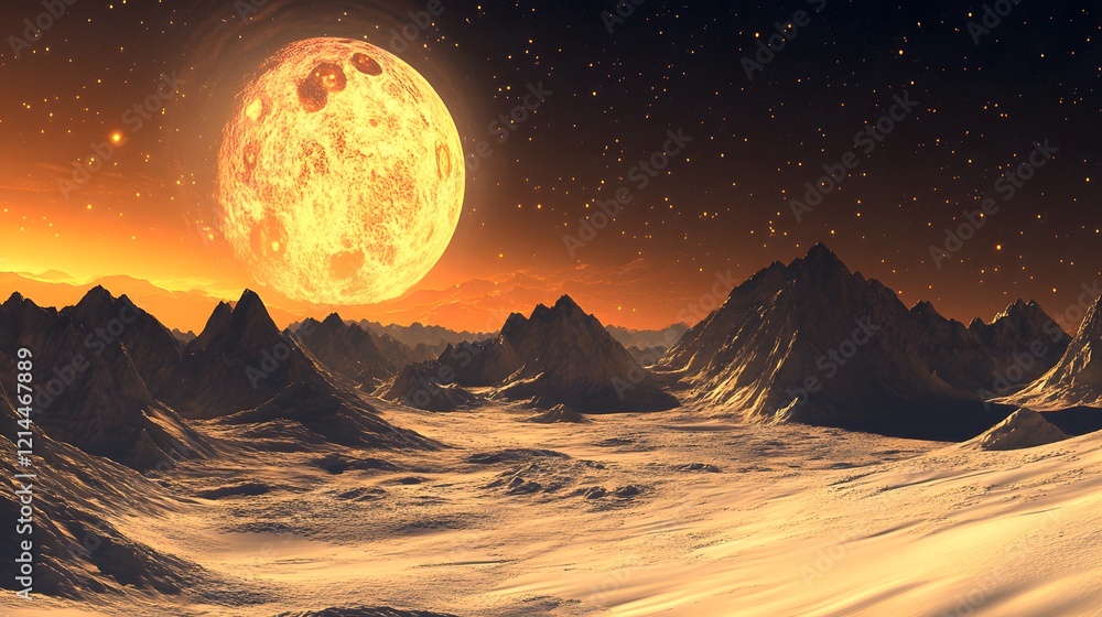 Alien Planet Landscape Orange Moon Mountains and Starry Night Alien Planet Landscape Orange Moon Mountains and Starry Night