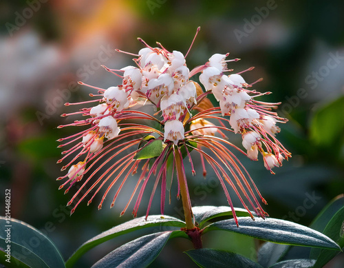 A cluster of delicate pink and white spiky flowers blooms on a tropical plant with dark green leaves in the background.