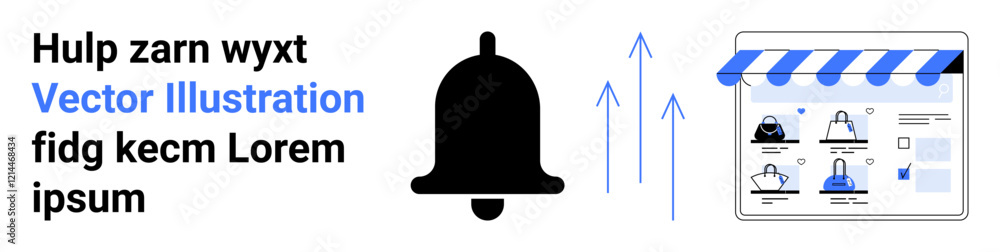 Black notification bell icon, text beside it, with a blue-arrow-adorned e-commerce webpage showing various store icons and characteristics. Ideal for notifications, e-commerce, online shopping Black notification bell icon, text beside it, with a blue-arrow-adorned e-commerce webpage showing various store icons and characteristics. Ideal for notifications, e-commerce, online shopping