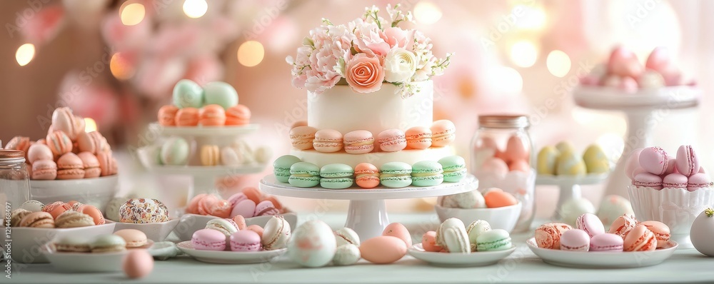 Naklejka premium Elegant Easter dessert table with layers of pastel-colored macarons, chocolate eggs, and a centerpiece floral cake
