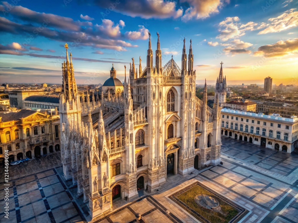 Fototapeta premium Milan Duomo Aerial View: Gothic Architecture, White Marble Statues, Piazza del Duomo, Lombardia, Italy