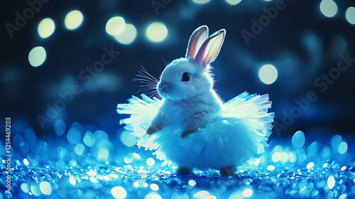 Bunny dressed as an elegant ballerina on blue lights background photo