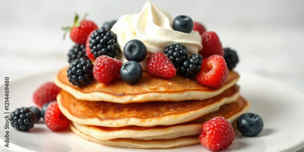 Berries and whipped cream on a stack of pancakes, holiday food, Shrove Tuesday, mint leaves Berries and whipped cream on a stack of pancakes, holiday food, Shrove Tuesday, mint leaves
