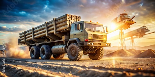 Military Mortar Carrier Truck: High-Resolution Stock Photo of Heavy-Duty Vehicle Transporting Artillery photo