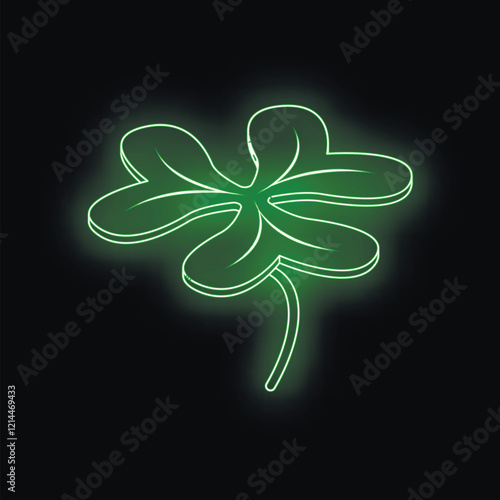 Neon green four leaf clover glowing on black background represents luck and good fortune