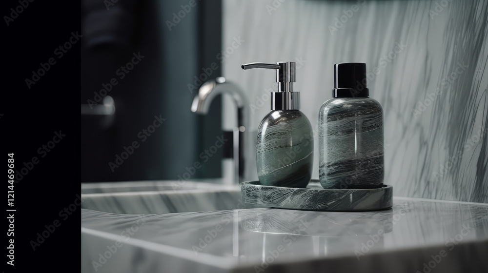 A close-up shot of a minimalist soap dispenser and a lit candle placed on a marble vanity countertop