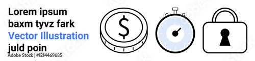 Icons of a coin with dollar sign, a stopwatch, and a padlock. Ideal for finance, time management, security, savings, punctuality protection business strategies. Landing page