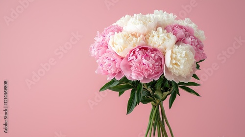 Pink and white peony bouquet on pink background, perfect for cards, websites, or blogs